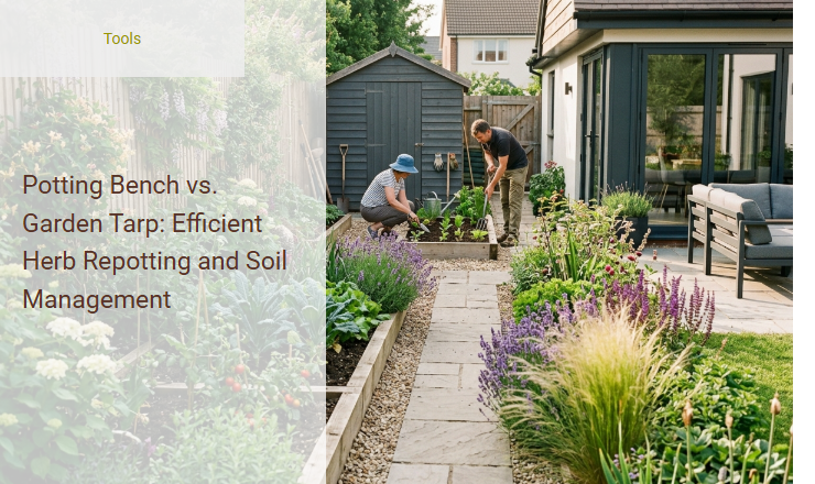 Potting Bench vs. Garden Tarp: Efficient Herb Repotting and Soil Management Image
